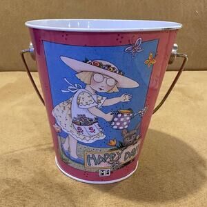 Mary Engelbreit Tin Metal Pail Bucket Container Happy Day Planter Gardener